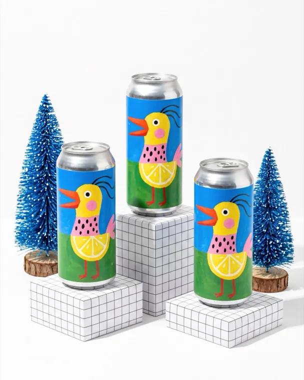 Seasonal campaign: illustrated drink cans with tiny winter trees